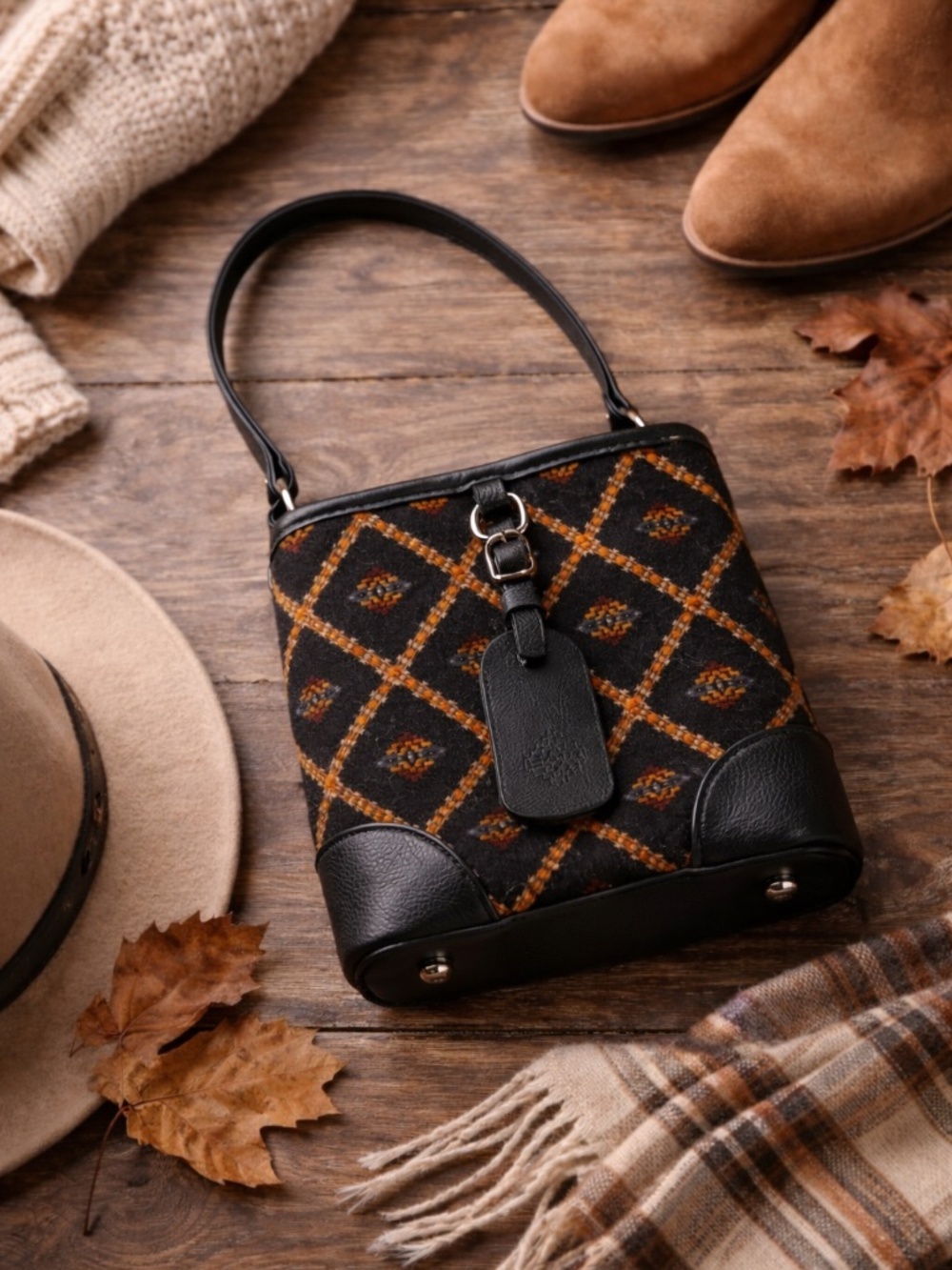 Boho Southwestern Aztec Mini Bag Black Orange Patterned Small Structured Purse